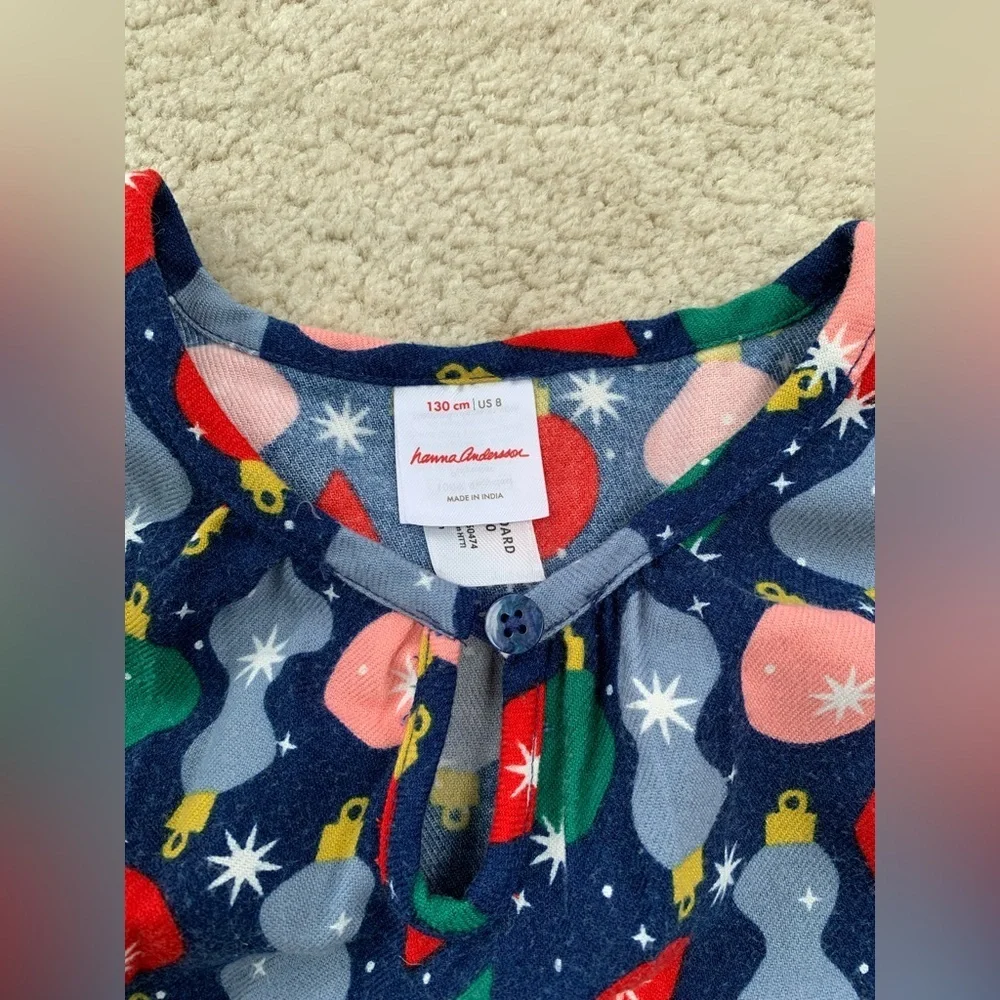 Hanna Andersson Size 130, 8, Holiday Flannel PJ Nightgown Shiny Bright Ornaments